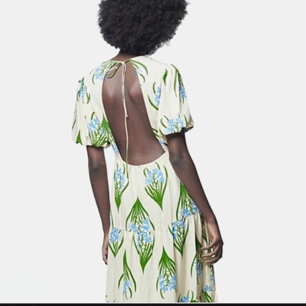 Zara Cream Midi Dress with Green and Blue Floral Print